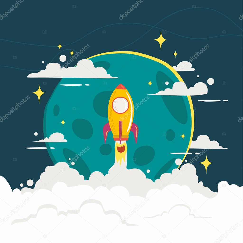 Picture of rocket flying above clouds, business startup banner concept, flat style illustration