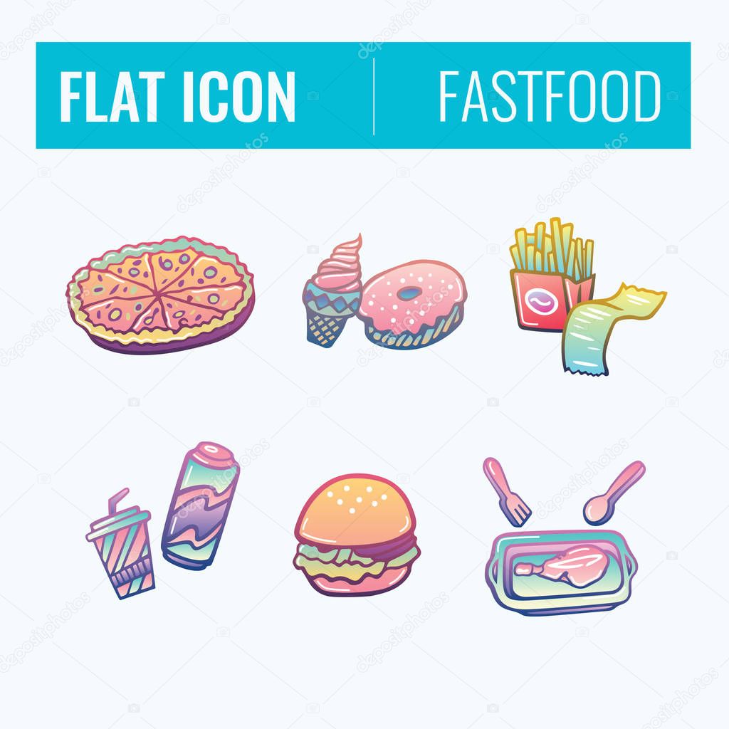 Set of color fast food sketched icons. Collection of hand drawn stickers with street food meal. Design elements for logo, menu, ads, promo poster or banner.