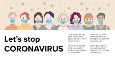 Coronavirus kavramını bırakalım, tıbbi maske takan kadınlar. vektör illüstrasyonu 