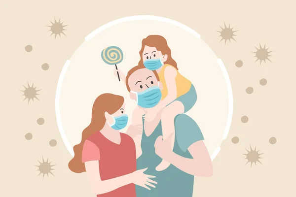 家族はウイルスを防ぐために保護医療用マスクを着用 ベクターイラスト — ストックベクタ