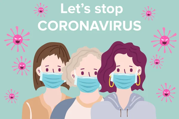 Laten Stoppen Met Het Coronavirus Concept Vrouwen Met Medische Maskers — Stockvector