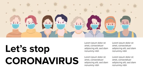 Arrêtons Concept Coronavirus Les Femmes Portant Des Masques Médicaux Illustration — Image vectorielle