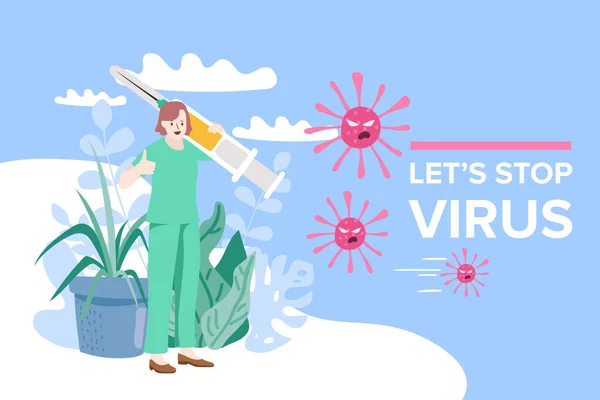 Laten Stoppen Met Virus Tijd Het Concept Vaccineren Vector Illustratie — Stockvector