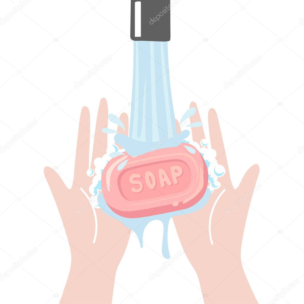person washing hands with sanitizer soap. Vector Illustration