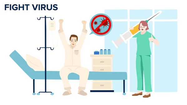 Médecin Tenant Seringue Heureux Avec Les Résultats Patient Testé Négatif — Image vectorielle