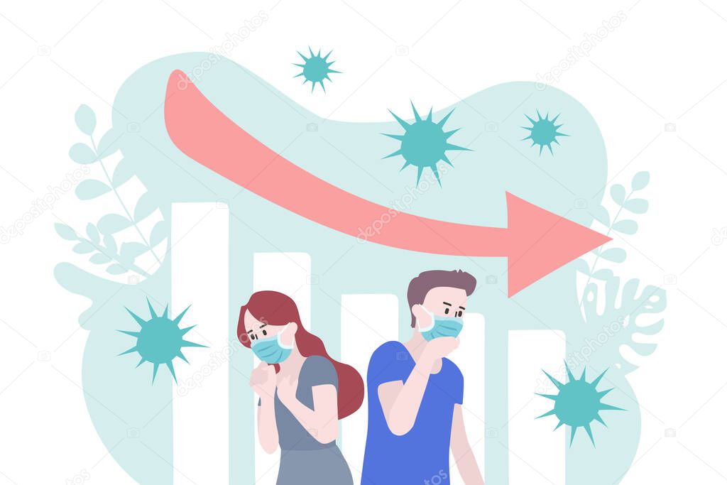 Guidance for sick people with the flu Concept with woman and man whom coughing wearing hygiene mask for preventing the spread of flu. Vector Illustration