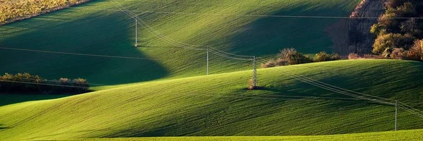 Eletricidade Pilão Linhas Energia Nas Colinas Verdes Iluminadas Pelo Sol — Fotografia de Stock