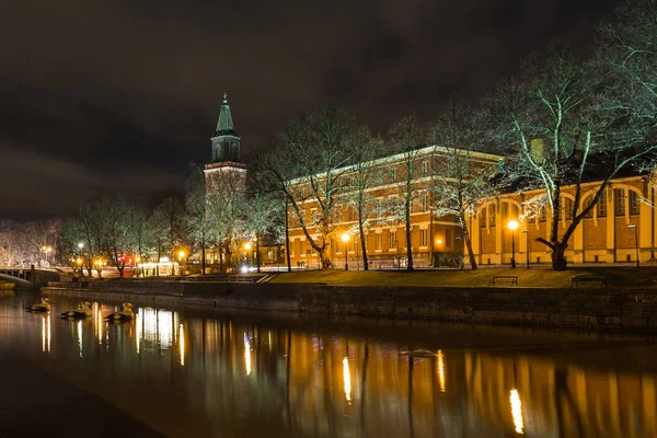 Turku Katedrali ve Aura nehrinin gece görünümü.