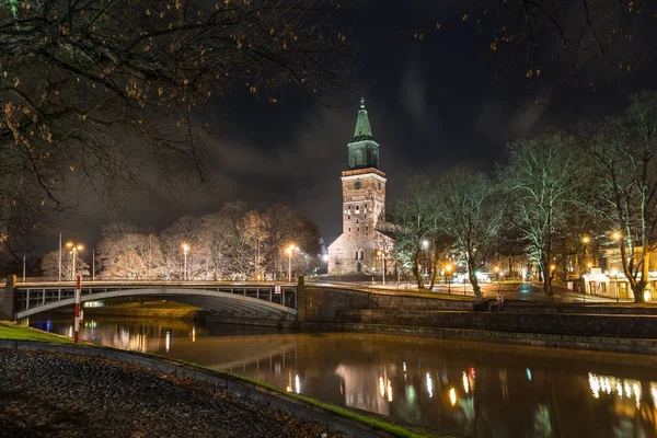 Turku Katedrali ve Aura nehrinin gece görünümü.