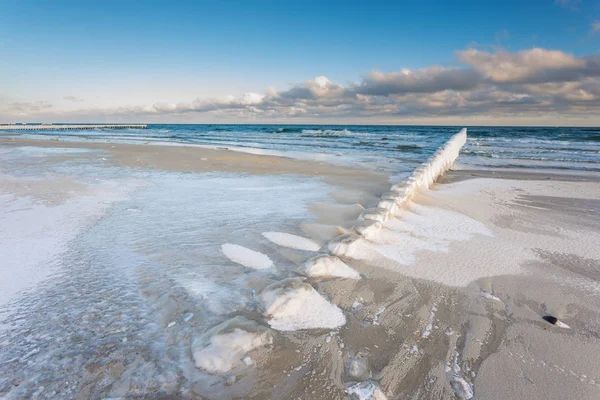 Kış manzara denizde. Ahşap dalgakıranlar satırında Baltık Denizi donmuş. — Stok fotoğraf