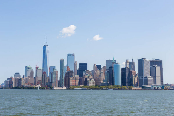 Panoramic view of Manhattan City skyline from the Staten Island public ferry. New York. USA.