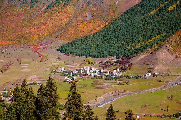 Beautiful autumn mountain landscape in Svaneti. Georgia. Toned