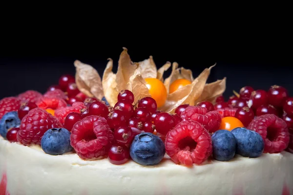 Biscuit homemade cake with cream and berries. Toned — Stock Photo, Image