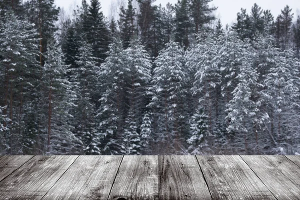 Snowy winter in the forest. Background. View from dark wooden ga — Stock Photo, Image