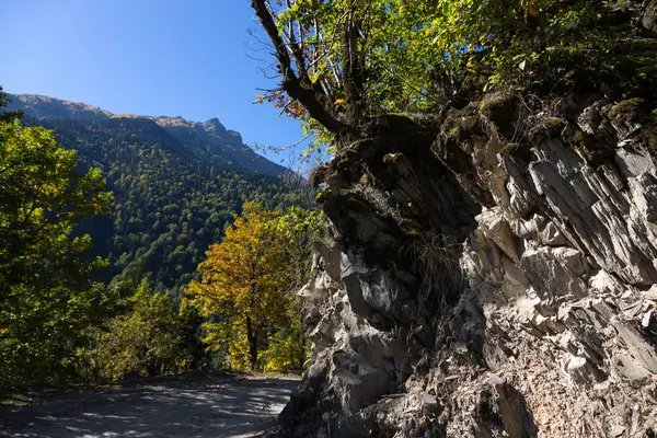 Mountain road in a beautiful autumn landscape in Svaneti. Georgi — Stock Photo, Image