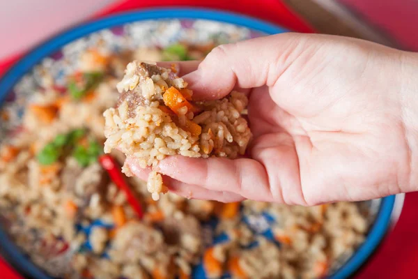 Hot delicious pilaf with dried fruits. Selective focus — Stock Photo, Image