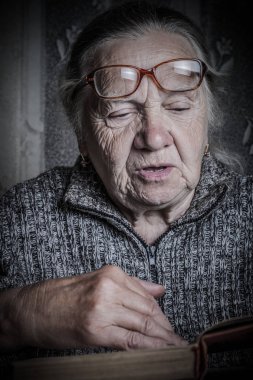 Yaşlı kadın rustik iç kitap okur. Tonda