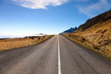 İzlanda 'nın doğusundaki fiyordun kıyısında asfalt yol.