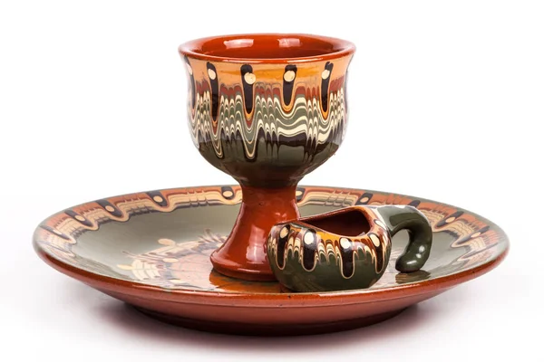 Empty ceramic bowl and plate with a pattern on a white backgroun — Stock Photo, Image