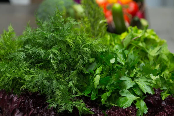 Friss zöldségek és gyógynövények egy fém asztal étterem — Stock Fotó