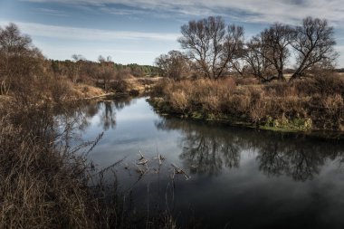Güzel manzara sonbahar ormanın içinde bir nehir üzerinde. Tonda