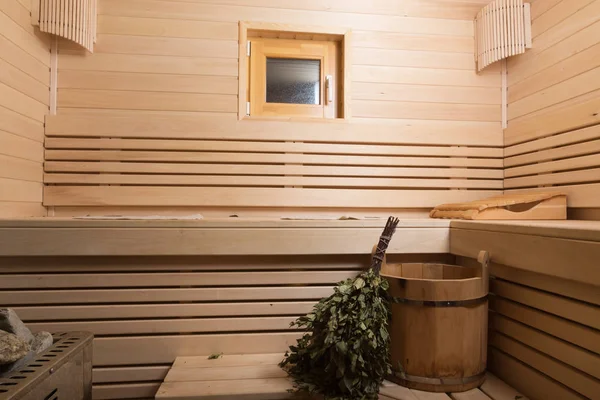 Equipment for sauna in light wooden cozy interior — Stock Photo, Image