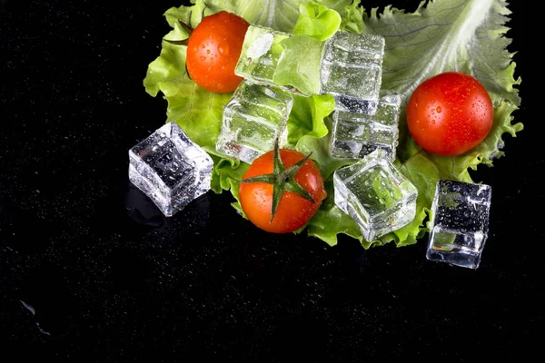 Banch červené cherry rajčat, zelený salát a kostky ledu na černém pozadí — Stock fotografie