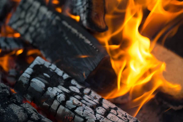 Dřevo hoří v ohni. Selektivní zaměření — Stock fotografie
