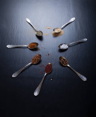Baharat siyah bir backgr üzerinde farklı tipteki eski metal kaşık