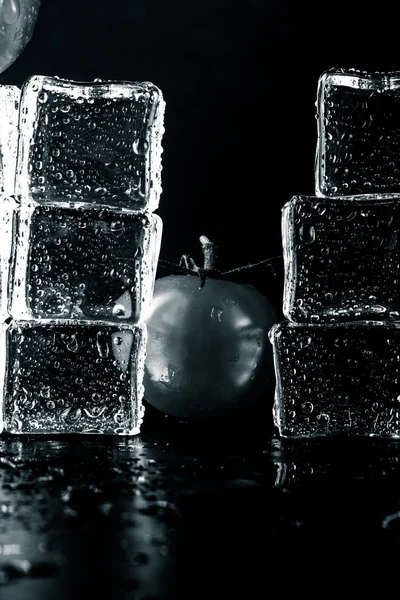 Fresh tomato and wet ice cubes on black background. Selective fo — Stock Photo, Image
