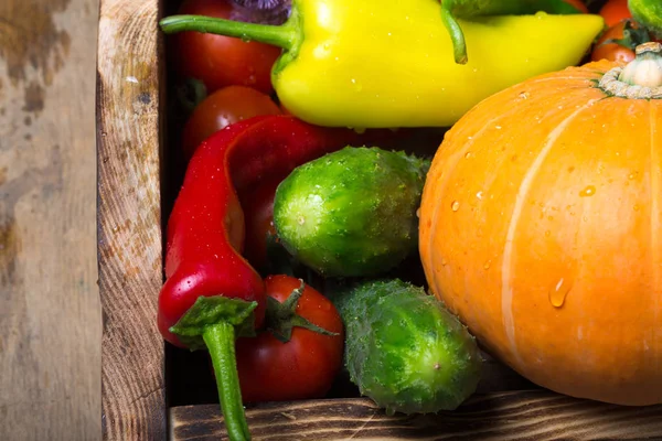 Fresh vegetables and herbs on a wooden burned rustic texture for — Stock Photo, Image