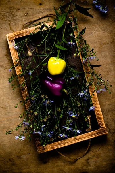 Frisches Gemüse und Kräuter auf einer hölzernen rustikalen Textur für — Stockfoto