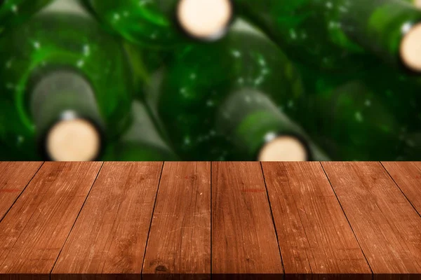 Many wine bottles with corks. View from wooden table. Collage — Stock Photo, Image