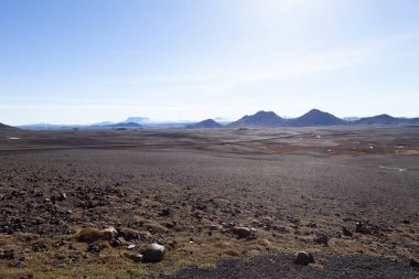 Taşlı, kayalık, sakin İzlanda ilkbahar manzarası.