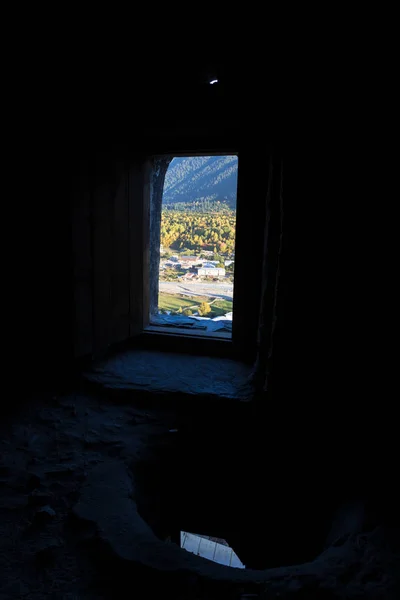 View through a small window of an ancient house in Ushguli villa — Stockfoto