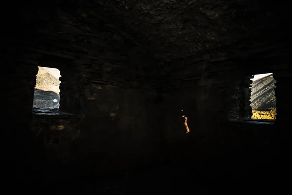 View through a small window of an ancient house in Ushguli villa — Stok fotoğraf