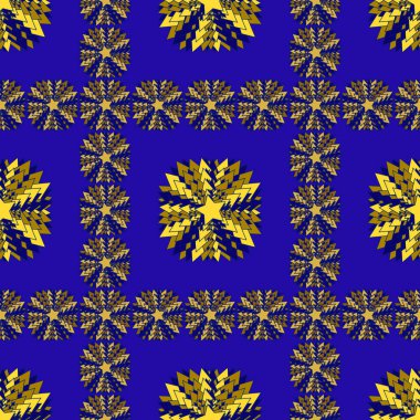 Kusursuz desen. Sarı safran yıldızlarının dekoratif desenli, kareli, ambalaj kağıdı, masa örtüsü, geleneksel Hindistan renklerinde kumaş desenli koyu renkli, modaya uygun bir fantom mavisi.