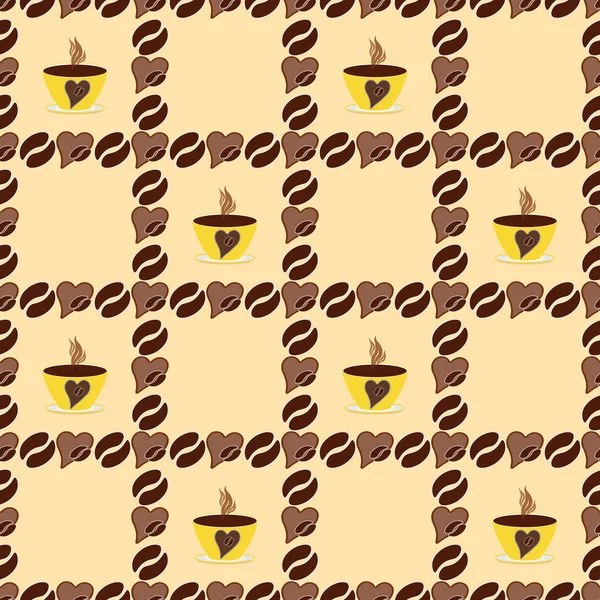 Love coffee seamless pattern. Texture checkered beans, cups, hearts of brown chocolate color on a yellow background with icons. Design for menu, packaging, wrapping paper, mug, kitchen textiles, cafe