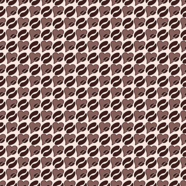 Love coffee seamless pattern. Texture beans and hearts of brown chocolate color on a light background with small icons. Design for menu, packaging, wrapping paper, mug, kitchen textiles, cafe