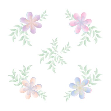 Çiçek deseni, pastel renkler, çeşitli nesneler. Güzel bahar çiçekleri, yaprakları, mavi, pembe, sarı, bej, yeşil dalları beyaz arka planda ayrı ayrı, farklı unsurların farklı tonlarında ayır
