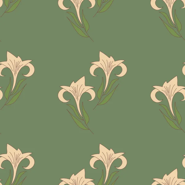 Bloemen naadloos patroon. Lily bloem met bladeren op een groene olijf achtergrond voor decoratie ontwerp van textiel, stof, verpakking cadeaupapier, zijde, cover, verpakking, tafelkleed, servet — Stockfoto