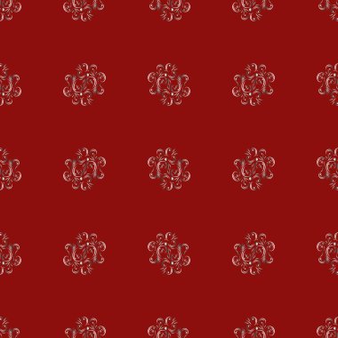 Çiçeksiz desen. Filigran süsü beyaz dallar ve bukleler parlak kırmızı modaya uygun arka planda, tekstil, kumaş, kumaş, paketleme kağıdı, ipek, kapak, ambalaj, masa örtüsü, peçete tasarımı dekoru