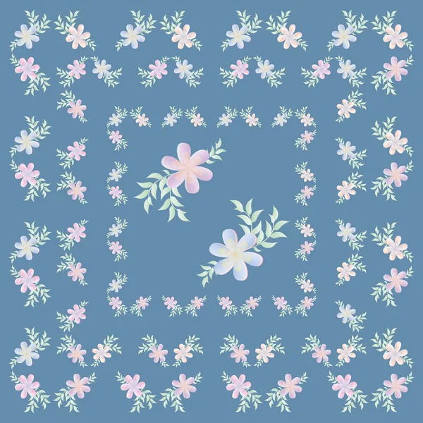 Floral persegi pola mulus dalam warna pastel. Bunga merah muda dengan daun dan ranting pada latar belakang biru abu-abu untuk taplak meja, serbet, syal, kartu pos, tekstil, kain, bandana, syal, karpet - Stok Vektor
