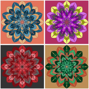 Hint kültürü mandala çiçeği farklı arka planlarda dört renkli parlak şekilli bir set süsü.