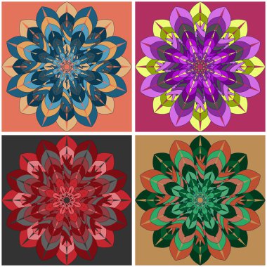 Hint kültürü mandala çiçeği farklı arka planlarda dört renkli parlak şekilli bir set süsü.