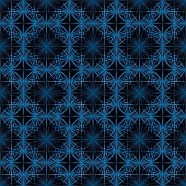 Kusursuz soyut geometrik çizgiler. Tekstil, kumaş, ambalaj kağıdı, ipek, kapak, ambalaj, masa örtüsü, peçete tasarımı için koyu siyah arkaplan üzerindeki mavi dikenli dekor tekrarlanıyor