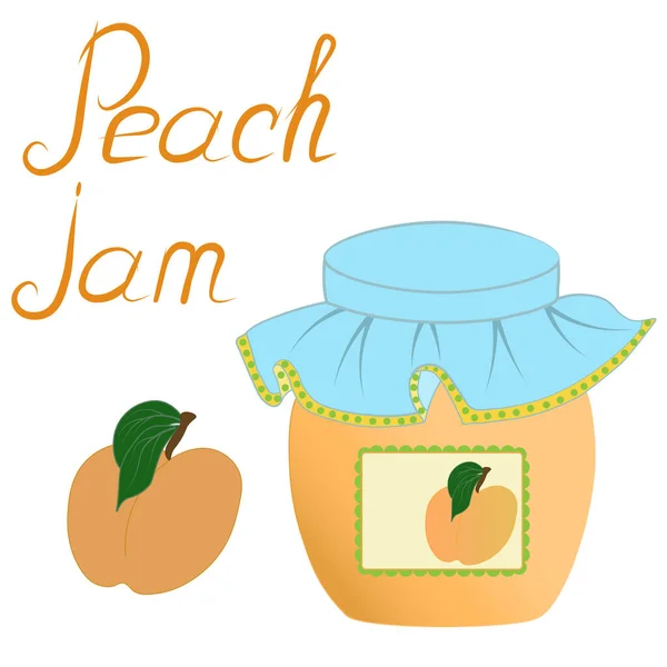 Home canning, food. Peach apricot sweet dessert jam juice in a glass jar with a lid with a sticker label, fresh fruit with leaves and the inscription. Set of three color icons isolate on white background