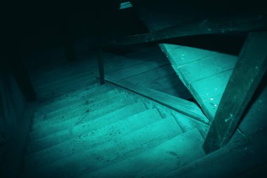 Cadılar bayramının gizemli, korkunç tavan arası. Gizemli paranormal bir bodrumda ya da ay ışığında siyah gölgesi olan tavan arasında karanlık, eski, kirli, ahşap merdivenler.