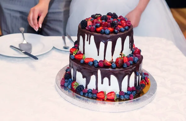 Torta nuziale con cioccolato e frutta — Foto Stock
