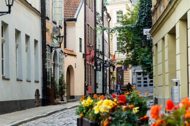 RIGA, LATVIA - CIRCA AUG, 2013: Eski Riga şehrindeki eski binalar. Yaz zamanı, yerde yeşil renkli çiçekler.